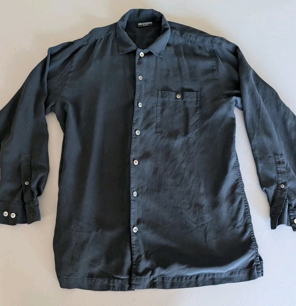Brandini Pure Silk Men's XL (Apprx) Black Long Sleeve Button Up Shirt Business